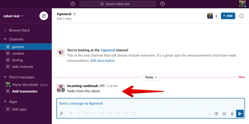 See the sent message in the Slack channel